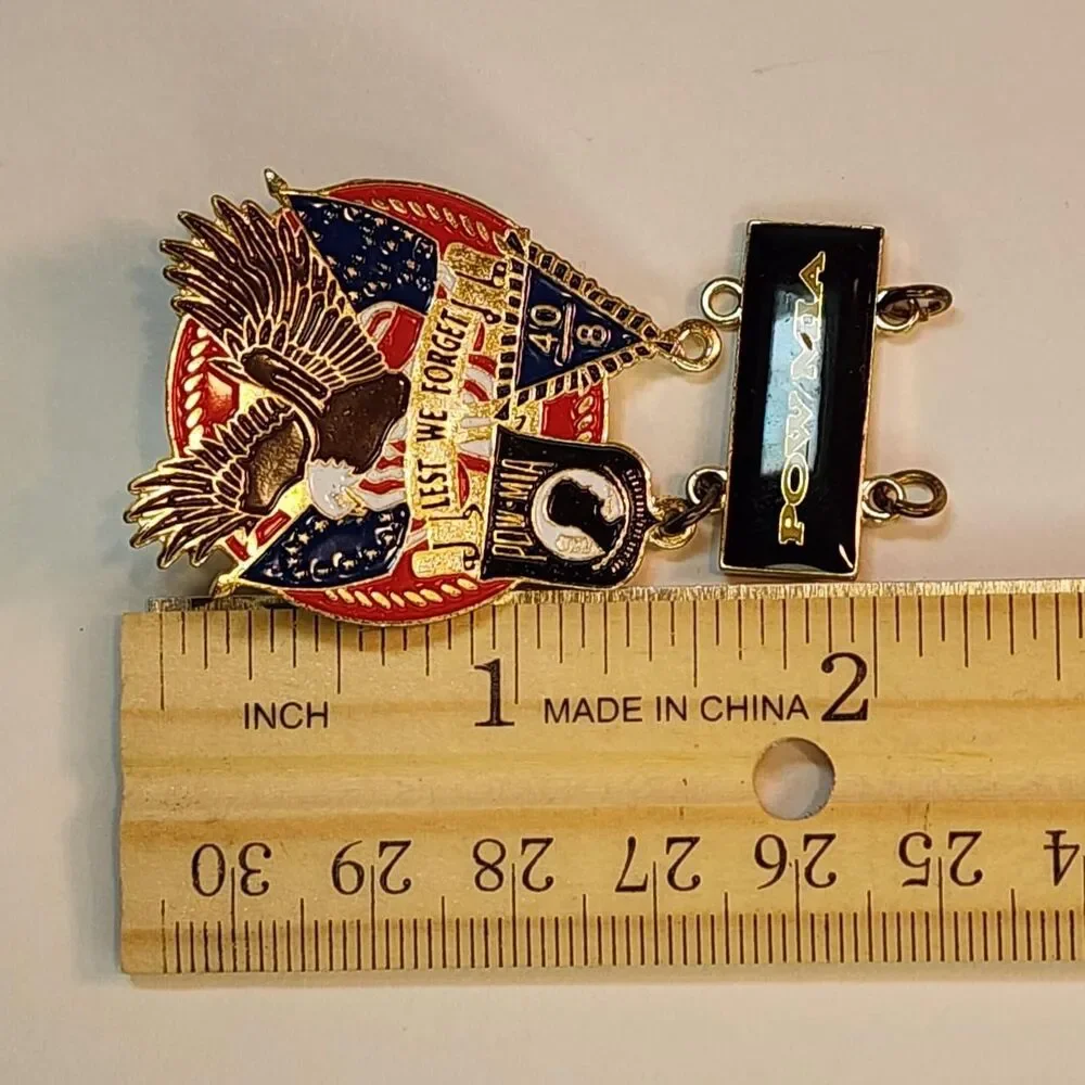 POW MIA pin with eagle, American flag, and 'LEST WE FORGET' Brooch Pin Read See